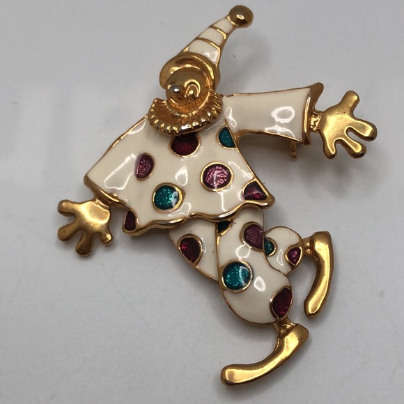 Dirk Co Cheerful Clown w/Articulated Legs white Enamel Gold tone Glitter Brooch. - Picture 6 of 7